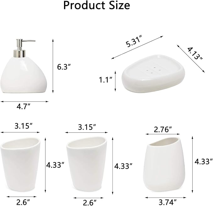 White Ceramic Bathroom Accessory Set, Bathroom Vanity Countertop Set, Bathroom Soap Dispenser and Toothbrush Holder Set Complete, 2 Tumbler Cup, Soap Dish, 5 Pieces