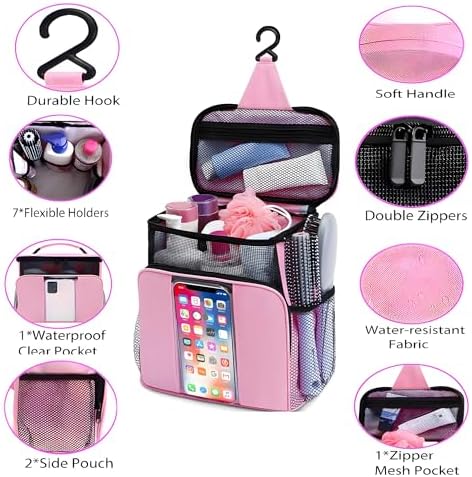 Pink shower Caddy,Dorm Room Essentials for Girls-Mesh Shower Caddy,Quick Dry Portable Hanging Toiletry Bag,Large Makeup Organizer for Full-Sized Toiletries,Travel Essentials for Camping,Gym,Swimming