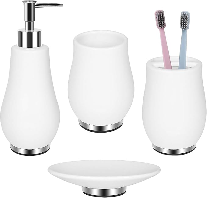 RQYIXI Ceramic 4-Piece Bathroom Accessories Set, White, Tulip Design | ceramic tulip-inspired curved design with stainless steel base modern countertop organization