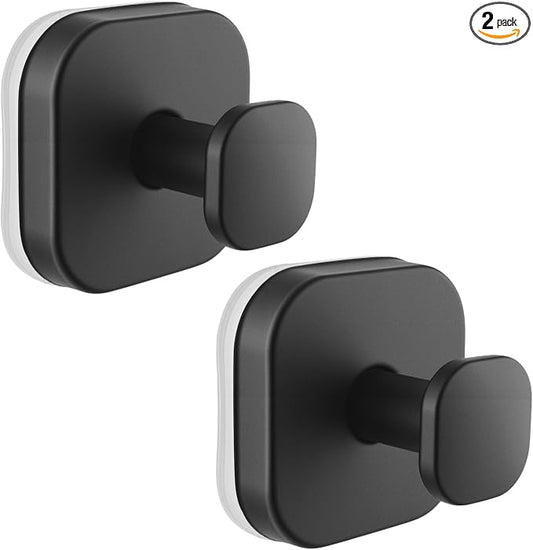 Suction Cup Hooks, 2 Pack Black No Drill Shower Towel Hook | Heavy-Duty Stainless Steel Suction Hook, Strong Hold, No-Drill, Reusable & Rustproof for Tile Glass Mirror Towels Bath