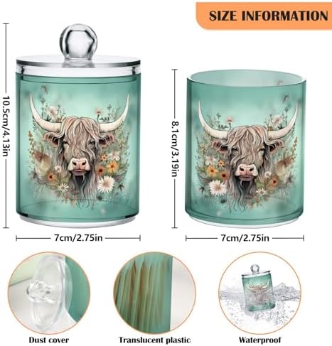 MNSRUU 4 Pack Qtip Holder Organizer Dispenser Highland Cow Flowers Pink Bathroom Storage Canister Cotton Ball Holder Bathroom Containers for Cotton Swabs/Pads/Floss