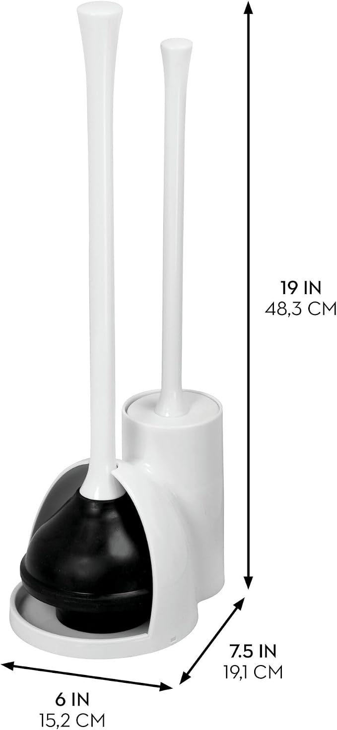 iDesign Compact Plunger Set, White, Set of 2 | Toilet Brush, Bathroom Cleaning, Storage