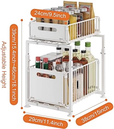 Under Sink Organizer, 2-Tier Multi-Use Kitchen and Bathroom Organizers and Storage, Slide Out Thickened Metal Under The Sink Organizer for Kitchen Bathroom Pantry (Style A White, 2 Pack)