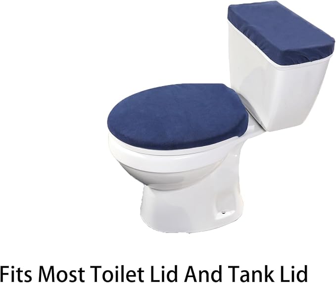 Madeals Memory Foam Toilet Mat and Velvet Toilet lid Cover Set with Toilet Tank Cover Velvet 3 Piece Toilet Set Navy Blue