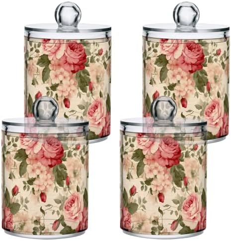 4 Pack Vintage Roses and Leaves Beige Qtip Dispenser 10 Oz Clear Plastic Apothecary Jars Bathroom Containers for Cotton Ball, Cotton Swab, Cotton Round Pads, Floss