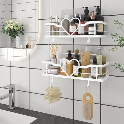 White Heart Shower Caddy,No Drilling Adhesive Shelves,2 Pack
