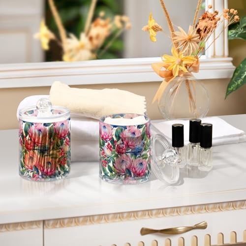 Pink and Blue Tropical Flowers Clear Plastic Jars 2 Pack Apothecary Jars Clear Bathroom Storage Containers for Cotton Ball, Swab, Floss, Makeup Sponges, Hair Clip 10 Oz