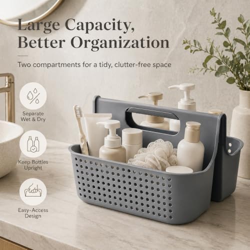 Haundry Portable Shower Caddy Basket, 2 Compartments Plastic Cleaning Caddy Organizer, Large Storage Tote with Handle for Bathroom, College, Dorm Room Essentials, Grey