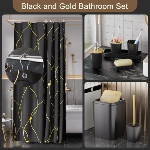 XLHOMO Black and Gold Bathroom Accessories Set - 24PCS with Shower Curtain, Rugs, and Waterproof Curtain Set