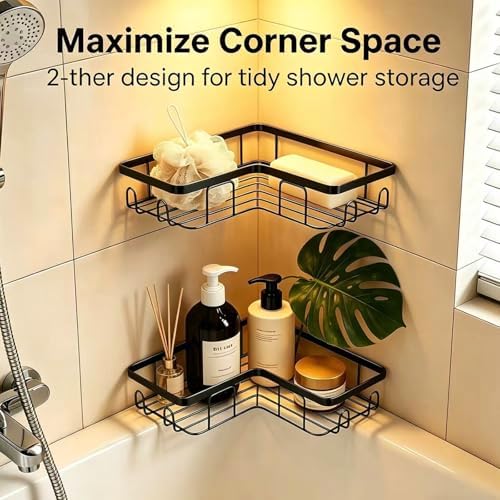Shower Caddy 2 Pack, No Drilling Adhesive Bathroom Organizer Shelf Rack, Corner Shower Shelf with Hooks for Home Decor & Storage