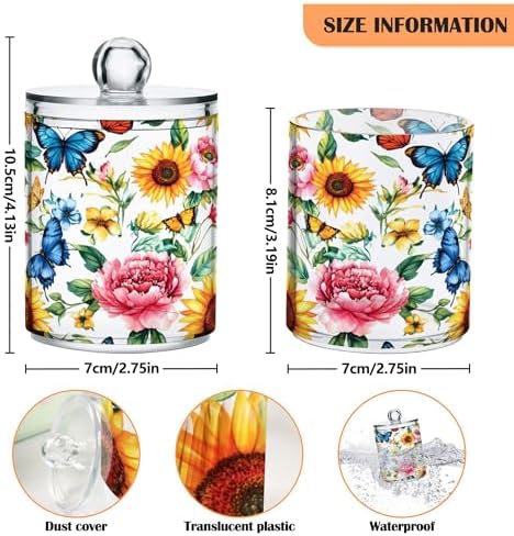 MNSRUU 2 Pack Qtip Holder Organizer Dispenser Sunflowers Peonies and Butterflies Bathroom Storage Canister Cotton Ball Holder Bathroom Containers for Cotton Swabs/Pads/Floss