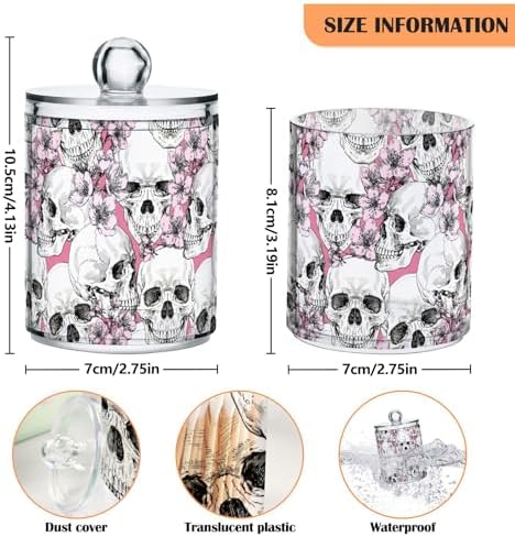 MNSRUU 2 Pack Qtip Holder Organizer Dispenser Pink Floral Skull Bathroom Storage Canister Cotton Ball Holder Bathroom Containers for Cotton Swabs/Pads/Floss