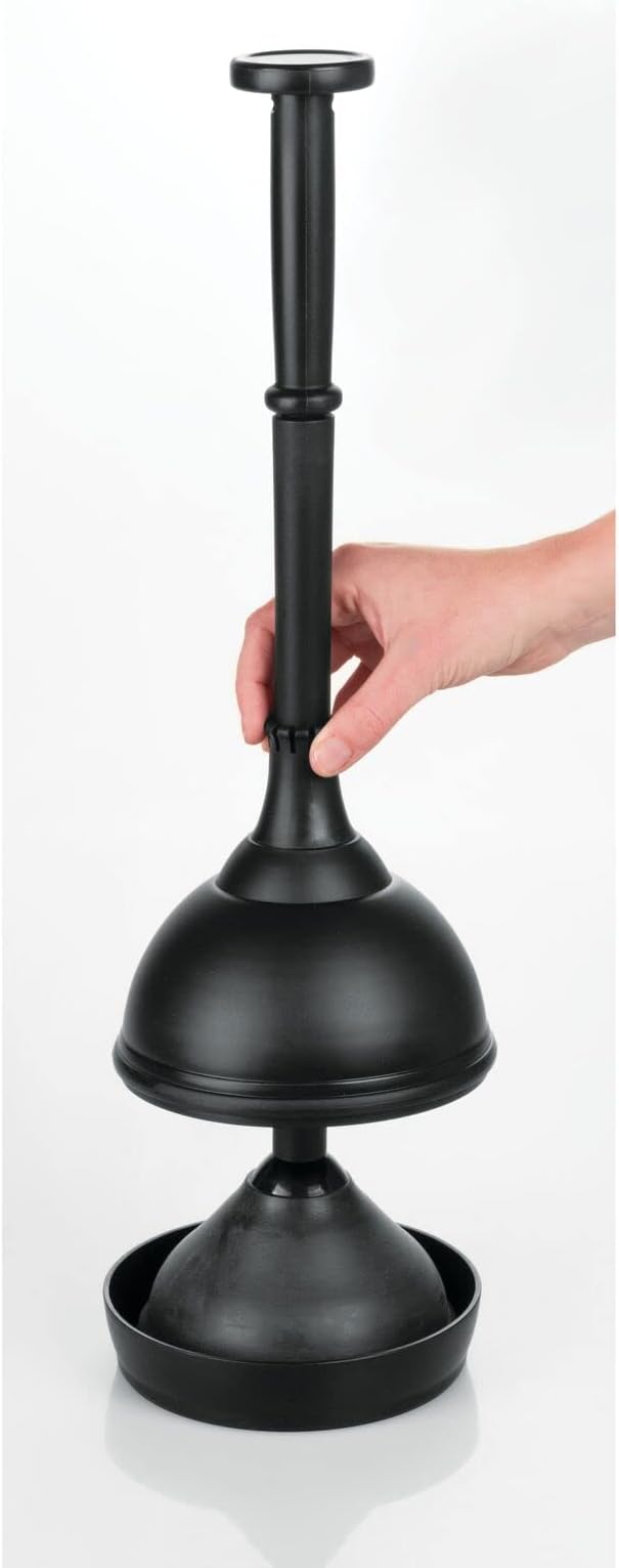 mDesign Plastic Toilet Plunger with Lift & Lock Cover Set, Compact Discreet Freestanding Storage Caddy Holder for Bathroom, Powder Room, Modern Design - Heavy Duty - Hyde Collection, Black