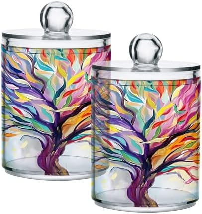 2 Pack Qtip Holder Dispenser for Cotton Ball Rainbow Life Of Tree Plant Swab Round Pads Clear Plastic Acrylic Jar Set Bathroom Canister