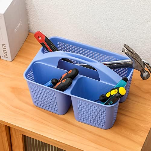 Plastic Portable Shower Caddy Basket with Handle, 3 Compartments, Dark Blue