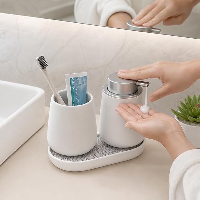Ceramic Bathroom Accessories Set, 3 Pieces with Soap Dispenser, Toothbrush Holder, and Cup, Matte Black, Polished Finish (White)