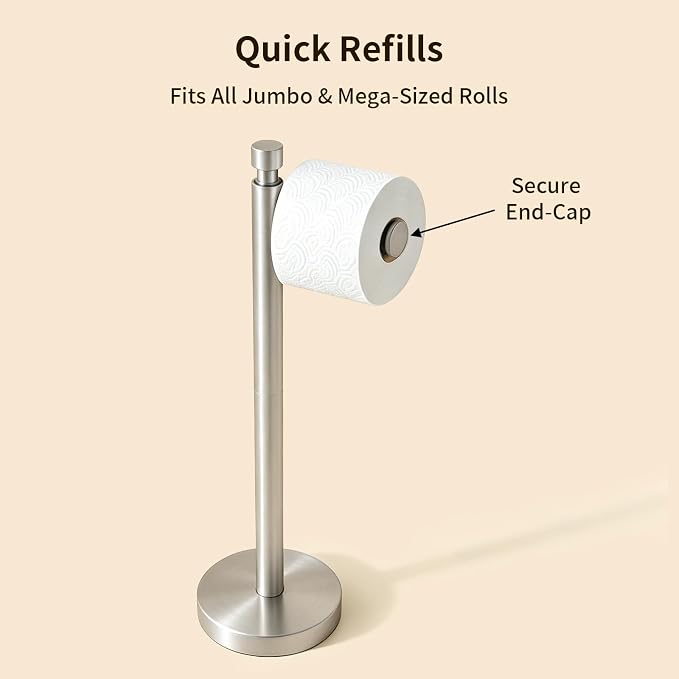 Toilet Paper Holder Stand, Heavy Duty Stainless Steel Free Standing Bathroom Tissue Roll Holder, Brushed Nickel | Stainless Steel Design with Open-Arm Access for Bathrooms and Powder Rooms