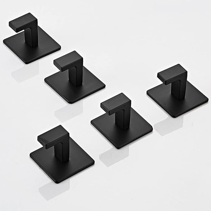 Flybath Coat Hook SUS 304 Stainless Steel Towel Robe Hooks Square Bathroom Accessories Wall Mounted Self Adhesive (No Drilling), Plating Matte Black - 2 Pack