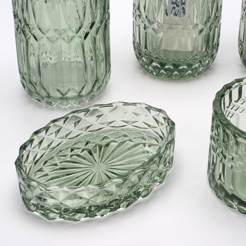 IVAILEX 5PCS Green Glass Bathroom Accessories Sets of Lotion Dispenser, Soap Dish, Toothbrush Holder, Tumbler, Cotton Swab Jars, Modern Bath Decor, Vintage Gift
