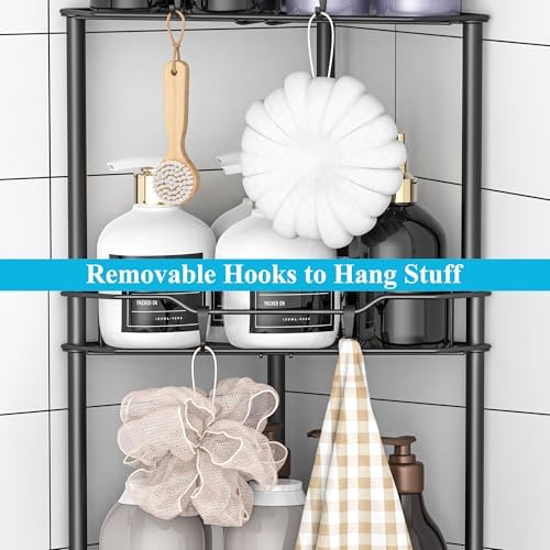 HuggieGems Metal Floor Standing Corner Shower Caddy, Matt Black, 3 Tier