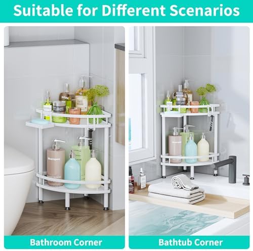 HapiRm Standing Corner Shower Caddy - 2 Tier Shower Organizer Corner with Soap Holder and 4 Hooks, Rustproof Bathroom Storage Shelves with Adhesives, White