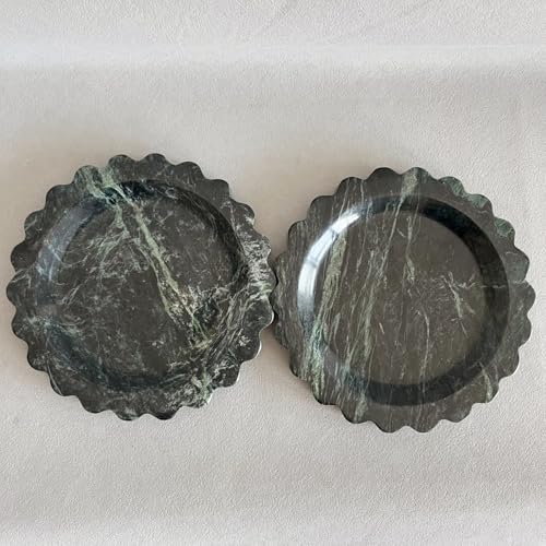 Travertine Marble Scalloped Tray Round Wave Tray Small Serving Platter for Counter, Bathroom, Kitchen, Nightstand, Jewelry Ring Dish Holder (White Dark Green)