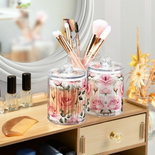 MNSRUU 4 Pack Qtip Holder Organizer Dispenser Pink Roses Pink Bathroom Storage Canister Cotton Ball Holder Bathroom Containers for Cotton Swabs/Pads/Floss