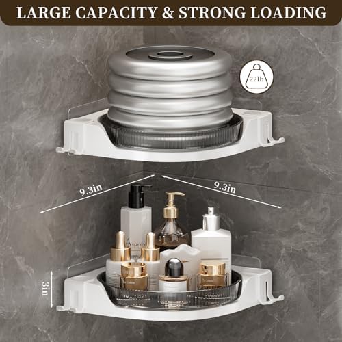 akinbas Corner Shower 2 Tier Caddy Lazy Susan Organizer 360 Rotating Corner Shelf Wall Mounted with No Drilling Shelves for Bathroom Dorm and Kitchen (Black)