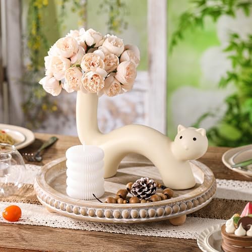 Beige Round Wooden Tray for Decor, Decorative Coffee Table Tray