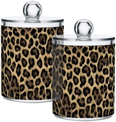Brown Leopard Print Qtip Holder Apothecary Jars Bathroom Storage Floss Makeup Organizer for Cotton Ball Swab Acrylic 2 Packs