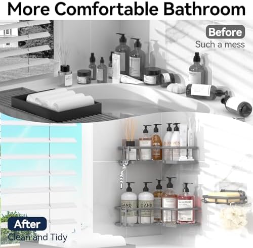 YASONIC Corner Shower Caddy Adhesive, 100% Rustproof Shower Organizer with Soap Holder, No Drill Shower Shelf for Inside Shower, Wall-Mounted Shower Storage for Homes (3 Pack, Grey)