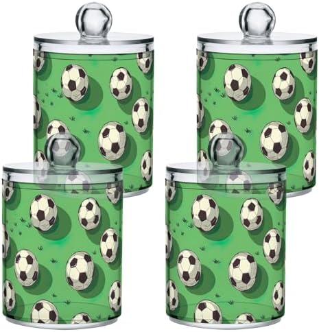 4 Pack Soccer Balls Green Field Qtip Dispenser 10 Oz Clear Plastic Apothecary Jars Bathroom Containers for Cotton Pads, Cotton Ball, Cotton Swabs, Floss Picks
