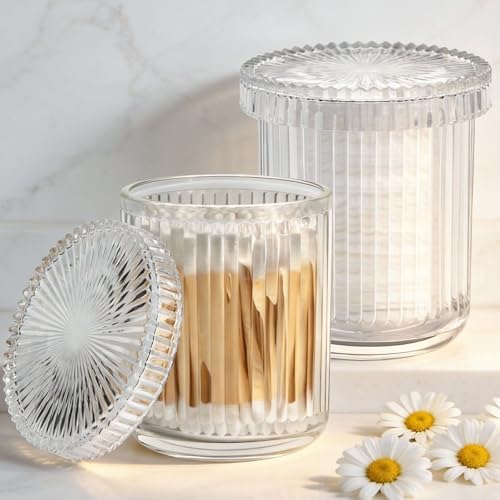 2‑Pack Clear Ribbed Glass Qtip Holder, Vanity & Bathroom Makeup Storage
