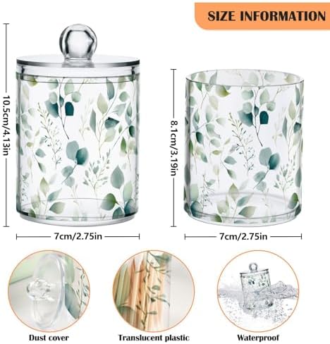 ALAZA Eucalyptus Leaves White 2 Pack Qtip Holder Dispenser for Cotton Swabs, Balls, Pads, Floss 10 oz Plastic Canister Organizer