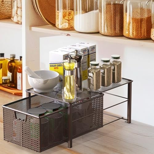 Deco Brothers Stackable Pull Out Cabinet Sliding Basket with Divider, Large