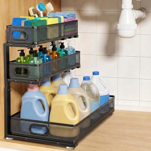 3 Tier Adjustable Under Sink Organizer for Bathroom & Kitchen(1Pack, Black)