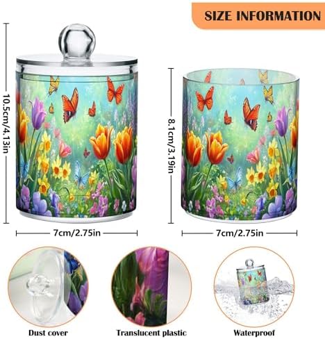 MNSRUU 4 Pack Qtip Holder Organizer Dispenser Easter Garden Tulips Daffodils Bathroom Storage Canister Cotton Ball Holder Bathroom Containers for Cotton Swabs/Pads/Floss