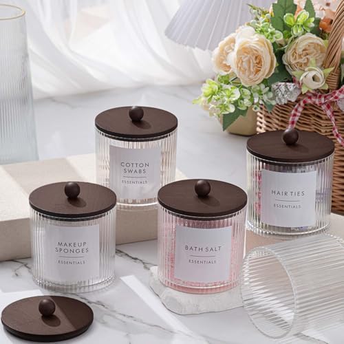 6 Pcs Plastic Holder Dispenser Bathroom Jars with Bamboo Lids, Brown
