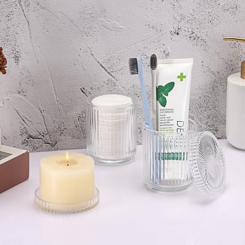Hipiwe Clear Glass Qtip Holder Dispenser with Lid Apothecary Jars Set of 2