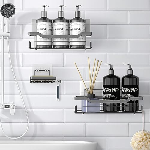 Shower Caddy Shelves Organizer, 3 Pack with Soap Holder, No Drilling Wall Mounted Self Adhesive Shelves, Matte Black