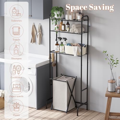STDDRE 3-Tier Over The Toilet Storage Space Saver with Paper Holder Freestanding Rack Metal Bathroom Shelves with Hooks Above The Toilet Storage Shelf (Black, 3 Tier)