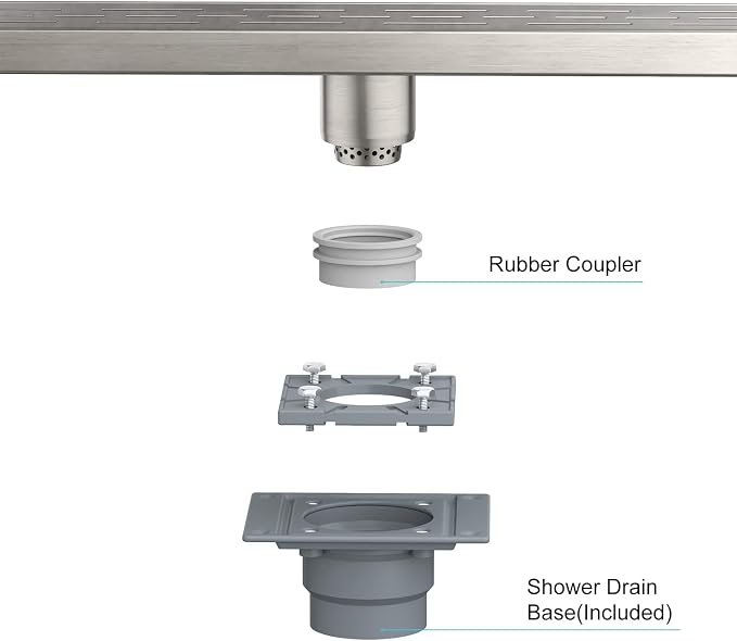 EMBATHER 28 Inch Linear Shower Drain with Shower Drain Base, CUPC Certified, 304 Stainless Steel Shower Floor Drain Included Removable Square Cover, Hair Strainer and Leveling Feet, Brushed Nickel