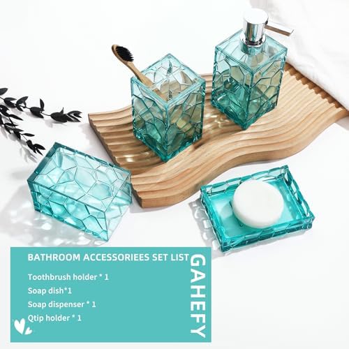 GAHEFY Teal Blue Beach Bathroom Accessories Set with Toothbrush Holder, Soap Dispenser, Tumbler, Soap Dish, Turquoise Bathroom Decor,Acrylic (Teal-4pcs)