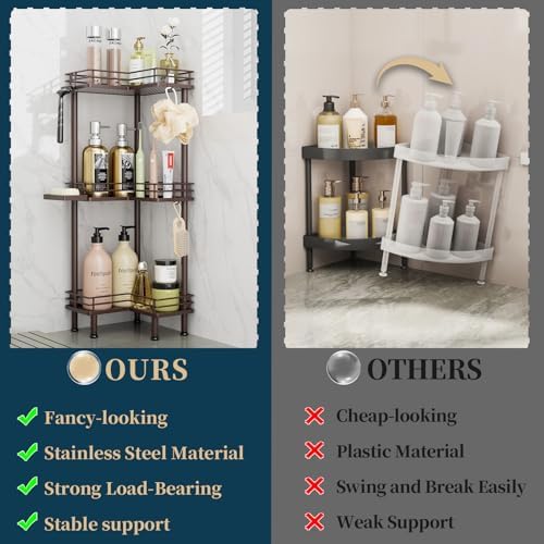 Consumest Corner Shower Caddy Standing - 3-Tier Stainless Steel Shower Organizer with Soap Holder and 4 Hooks, Large Capacity Corner Shelf Stand for Bathroom, Rest Room, Bronze