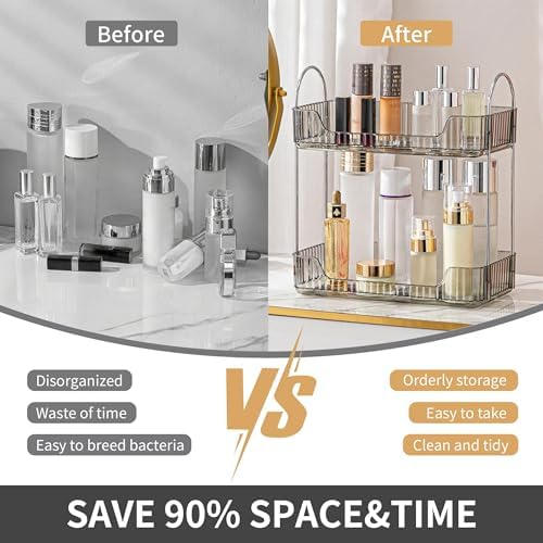 YCIA&DONE Bathroom Organizer Countertop, Makeup Storage, Skincare Cosmetic Tray Shelf, Perfume Holder Rack for Vanity Counter, Large Capacity, Easy to Install, Clean, 2 Tiers, Smoky Gray