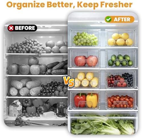 2 Pack Stackable Storage Drawers,Plastic Organizers Bins, Drawers Storage with Handles and Movable Dividers for Organization and Storage in Fridge,Bathroom, Pantry, Kitchen Cabinets, Under Sink