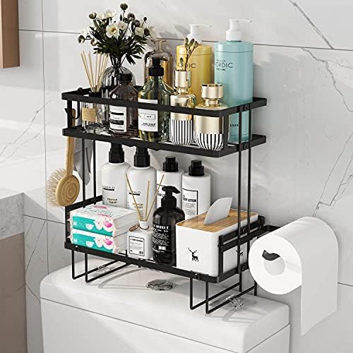 Godboat 2-Tier Over Toilet Storage Shelf, Wall-Mount with 2 Hook/Paper Rack