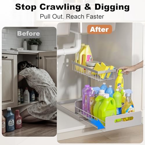 REALINN Under Sink Organizer, Pull Out Cabinet Organizer 2 Tier
