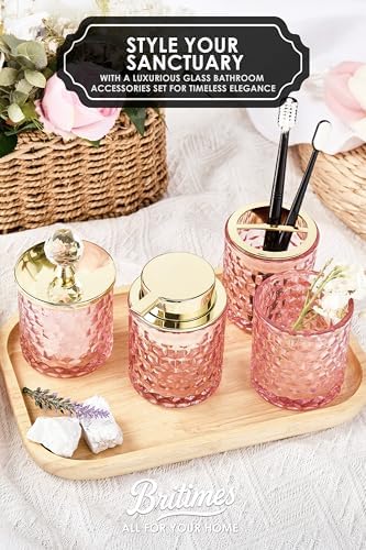 Britimes Bathroom Accessories Set of 4, Pink Glass Complete
