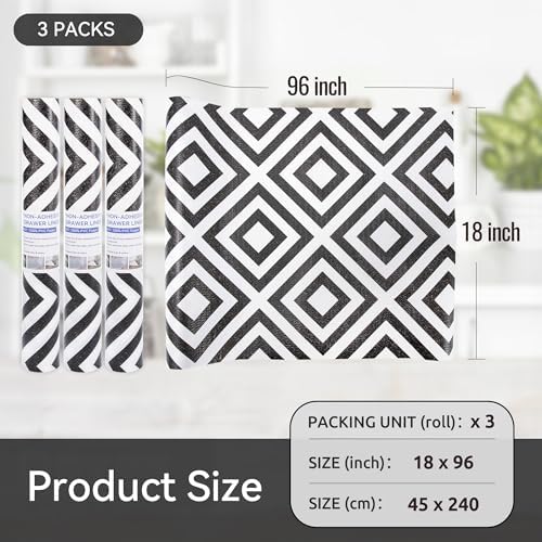 FIFTY FEET 18"x96" Non-Adhesive Shelf Liner for Kitchen Cabinets and Drawers, Washable Non-Slip PVC Cabinet Liner (Black Plaid)(3 Roll)
